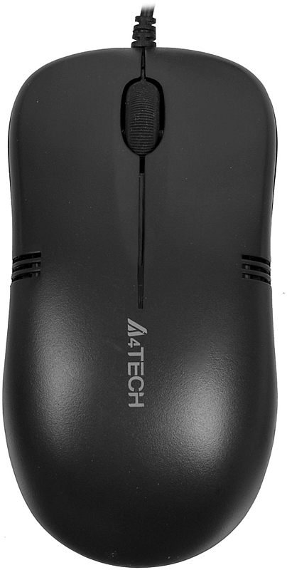 Фото-1 Проводная мышь A4Tech OP-560NUS, чёрный, вид сверху; на фото видны симметричные кнопки, центральное колесо прокрутки, широкая фактурная вставка между кнопками и логотип A4TECH у нижней части корпуса; на белом фоне для страницы товара, чтобы показать верхнюю панель и базовую компоновку модели.