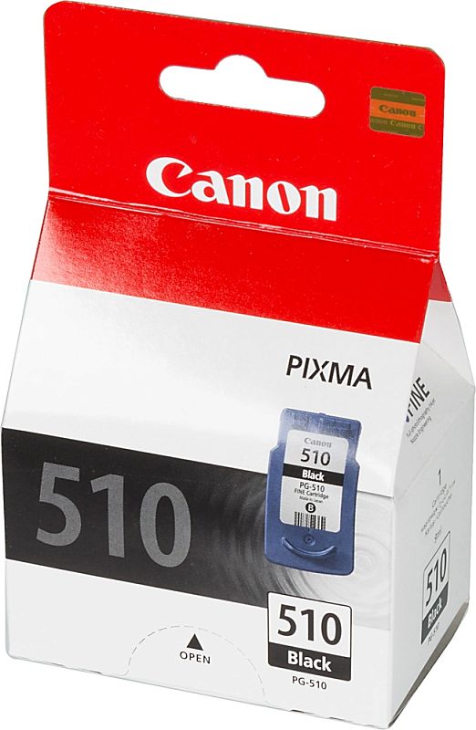Фото-1 Струйный картридж Canon PG-510 2970B007, фронтальный вид упаковки под углом; коробка бело-красная, с крупной маркировкой 510 Black, изображением картриджа и логотипом PIXMA, что помогает идентифицировать модель товара на странице.