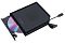 Фото-2 Внешний оптический привод ASUS SDRW-08V1M-U DVD-RW, вид сверху с открытым лотком и подключённым кабелем; перфорированная верхняя панель, диск в лотке, справа виден кабель USB-C; чёрный цвет на белом фоне, фото важно для страницы товара как демонстрация подключения.