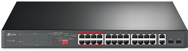 Фото-1 Коммутатор TP-Link TL-SL1226P, фронтальный вид. На фото длинная передняя панель с 24 портами Fast Ethernet, двумя гигабитными портами, двумя combo SFP-слотами справа, индикаторами и DIP-переключателями слева. Изображение показывает полную портовую конфигурацию на странице товара.