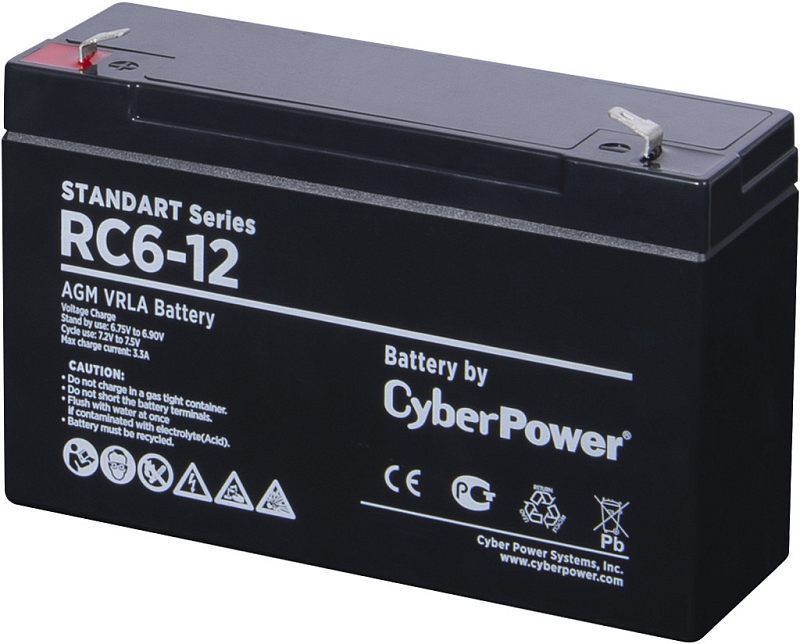 Фото-1 Аккумулятор для ИБП CyberPower RC6-12, вид под углом; чёрный корпус с наклейкой RC6-12, сверху две клеммы разного цвета (красная и чёрная); фото на белом фоне, помогает сверить модель и тип клемм.