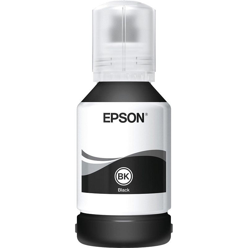 Фото-1 Чернила Epson 105 Black, фронтальный вид флакона; белая бутылка с прозрачной высокой крышкой, чёрной этикеткой BK Black, логотипом Epson и чёрным основанием. Фото показывает сам расходник и помогает проверить цвет и тип чернил на странице товара.