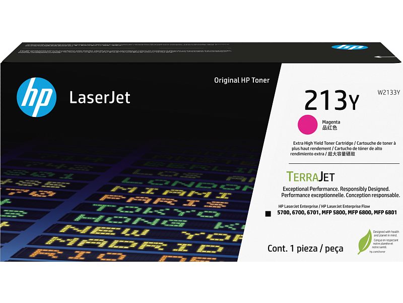 Фото-1 Тонер-картридж HP 213Y W2133Y Magenta, фронтальный вид упаковки; коробка LaserJet с пурпурной цветовой меткой, маркировкой 213Y, надписью TerraJet и служебным текстом справа. Фото помогает проверить серию, цвет и формат упаковки расходника на странице товара.