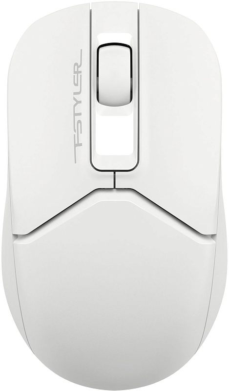Фото-1 Беспроводная мышь A4Tech Fstyler FB12S USB White, вид сверху; видны колесо прокрутки, центральная вставка и логотип Fstyler, корпус белый. Фото показывает верхнюю панель и цветовое исполнение модели.