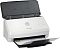 Фото-3 Сканер HP ScanJet Pro 3000 s4, вид спереди слева; белый корпус, поднят автоподатчик с направляющими, лист проходит через тракт и выходит на передний лоток; изображение на белом фоне, показывает рабочее положение для карточки товара.
