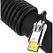 Фото-7 Видео кабель VCOM HDMI M/HDMI M CG862 1,5 м, фото штекера HDMI на фоне свернутого кабеля; серебристый корпус с маркировкой 8K, позолоченный наконечник и чёрная круглая оболочка, для страницы товара с показом кабеля и разъёма вместе.
