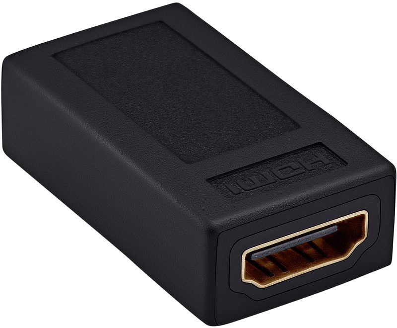 Фото-1 Переходник Buro HDMI female — HDMI female, крупный план под углом; показан чёрный прямоугольный корпус, одно гнездо HDMI с позолоченной рамкой и матовая фактура пластика; фото помогает увидеть тип разъёма и форму корпуса на странице HDMI-адаптера.