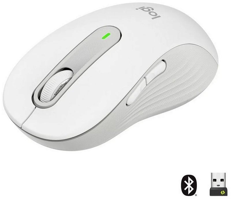 Фото-1 Мышь Logitech Signature M650 L, вид сверху под углом; на фото белый корпус с белым колёсиком SmartWheel, индикатором на центральной вставке, двумя боковыми кнопками и пиктограммами Bluetooth и USB‑приёмника, кадр показывает основные элементы беспроводной мыши.