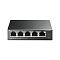 Фото-2 Коммутатор TP-Link TL-SF1005LP, фронтальный вид. На фото 5 портов RJ-45, подпись модели на правой части панели, индикаторы Power и PoE Max, тёмно-серый металлический корпус. Изображение важно для страницы товара, потому что показывает доступные порты и индикацию.