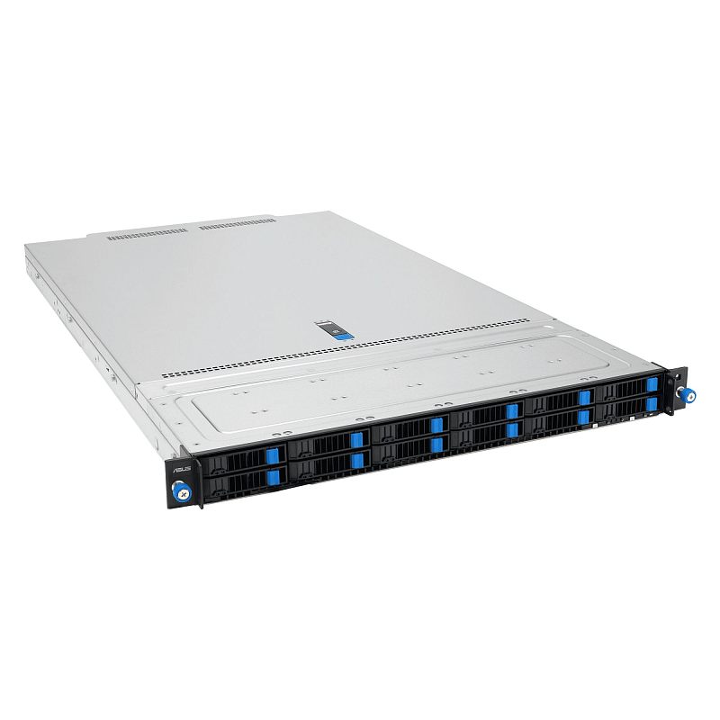 Фото-1 Серверная платформа ASUS RS700A-E13 RS12U, вид спереди под углом: 1U серебристый корпус, 12 фронтальных корзин 2,5" с синими фиксаторами и крепёжные уши с винтами; показывает компоновку отсеков накопителей на лицевой панели.