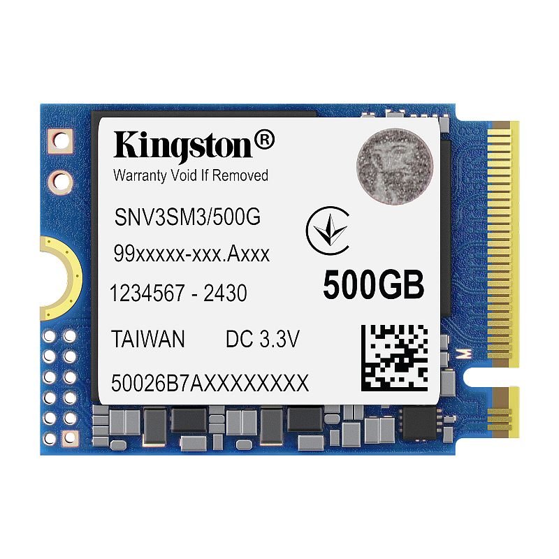 Фото-1 SSD Kingston NV1 500 ГБ M.2 2230 PCIe 4.0 NVMe, вид спереди на светлом фоне; показан короткий модуль формата 2230 с бело-синей наклейкой Kingston NV, маркировкой 500G и золотистым разъёмом справа; изображение важно для страницы товара, так как показывает лицевую сторону компактного накопителя.