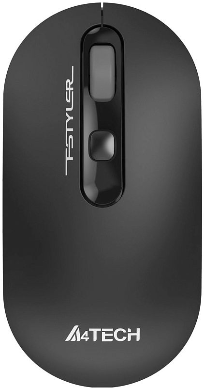 Фото-1 Беспроводная мышь A4Tech Fstyler FG20S USB Grey, вид сверху; на фото тёмно-серый корпус, серая вставка с колесом прокрутки и отдельной кнопкой, логотипы FSTYLER и A4TECH; изображение показывает внешний вид модели для страницы товара.