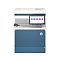 Фото-1 МФУ HP Color LaserJet Enterprise Flow MFP 6800zf, вид спереди: белый корпус с синей фронтальной дверцей и логотипом HP, справа выносной сенсорный экран, слева выходной лоток с листом; показывает фронтальную компоновку и панель управления.