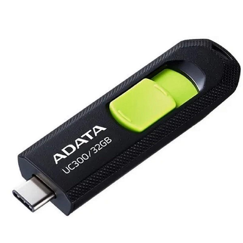 Фото-1 USB-накопитель ADATA UC300 32GB, вид под углом: чёрный корпус с текстурой, салатовый ползунок слайдера, выдвинутый разъём USB‑C, маркировка UC300/32GB; фото показывает разъём и механизм сдвига для страницы товара.