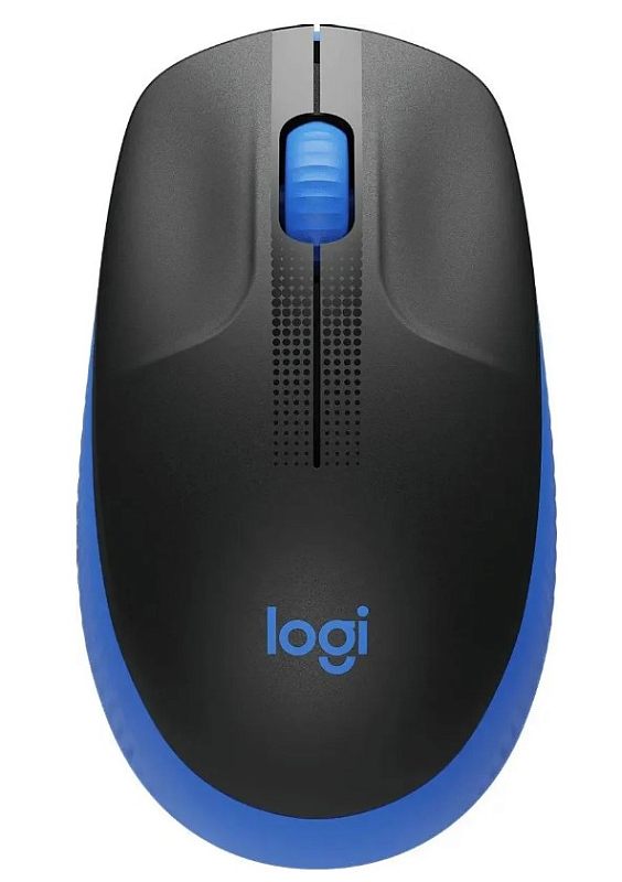 Фото-1 Мышь Logitech M190, вид сверху; чёрно-синий корпус с синей верхней крышкой, чёрными боковинами, колёсиком прокрутки и логотипом logi у основания; изображение важно для страницы товара для показа основного внешнего вида и цветового сочетания.