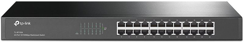 Фото-1 Коммутатор TP-Link TL-SF1024, вид спереди. На фото видны 24 Ethernet-порта в два ряда, блок световых индикаторов слева и маркировка модели TL-SF1024 на лицевой панели. Чёрный металлический корпус 1U показывает фронтальную конфигурацию для страницы товара.