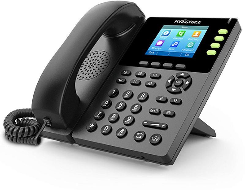 Фото-1 IP-телефон Flyingvoice FIP13G, чёрный, вид спереди под углом слева. На фото трубка на базе, цветной дисплей, цифровая клавиатура, навигационный блок и витой шнур. Изображение показывает органы управления SIP-телефона для страницы товара.