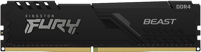 Фото-1 Модуль памяти Kingston Fury Beast Black KF436C18BB/32, вид сбоку спереди. На фото чёрная планка DIMM с высоким радиатором, крупной надписью FURY, маркировкой BEAST и обозначением DDR4 на правом торце. Изображение показывает дизайн теплоотвода для страницы товара с игровой памятью.