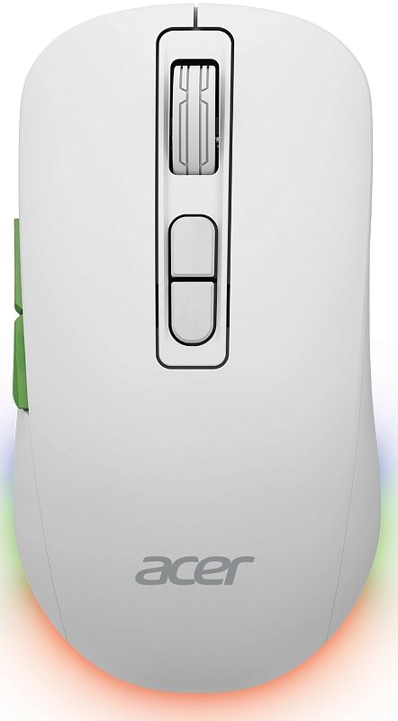 Фото-1 Беспроводная мышь Acer OMR311, белая, вид строго сверху; видны колесо прокрутки, две центральные кнопки, логотип acer и зелёная боковая вставка, по нижнему краю показана многоцветная подсветка. Изображение для карточки товара, чтобы показать верхнюю панель и оформление корпуса.
