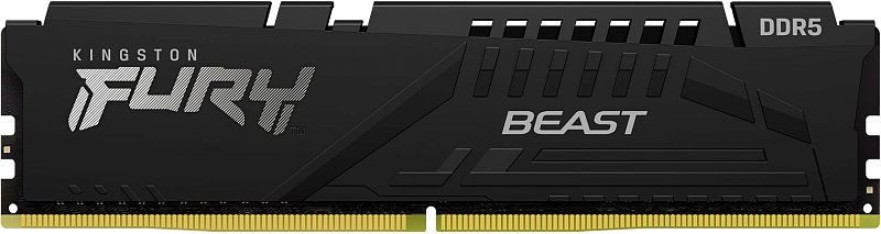 Фото-1 Модуль памяти Kingston FURY Beast Black 16GB KF556C40BB/16, вид спереди: один модуль DIMM DDR5 на белом фоне. Видны чёрный радиатор, надписи FURY и BEAST, верхние прорези и золотистые контакты. Фото показывает лицевую сторону модуля для страницы товара.