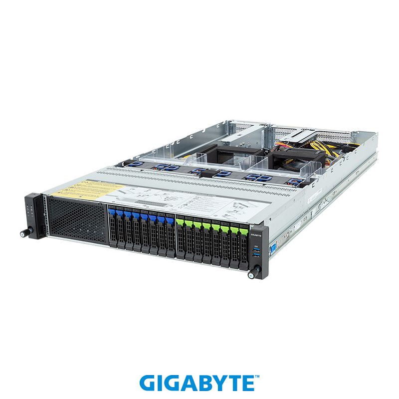 Фото-1 Серверная платформа Gigabyte R283-ZF1 ACL1, вид спереди слева; 2U корпус с 16 фронтальными отсеками 2,5 дюйма, сетчатой секцией слева, синими и зелёными защёлками на лотках и двумя USB-портами справа; фото показывает лицевую часть и открытую верхнюю компоновку платформы.