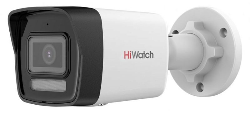 Фото-1 Цилиндрическая камера видеонаблюдения HiWatch DS‑I450M, вид сбоку на кронштейне: белый корпус с чёрной лицевой рамкой, квадратное окно объектива и прямоугольный модуль подсветки ниже — помогает оценить корпус и крепление для установки.