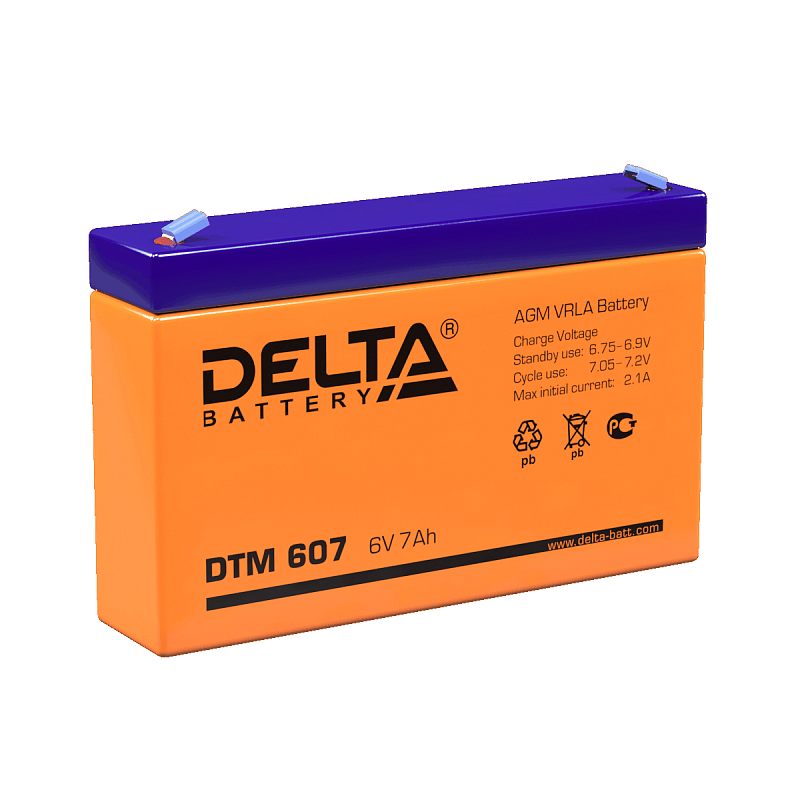 Фото-1 Аккумулятор для ИБП Delta DTM 607, вид 3/4 со стороны маркировки; оранжевый корпус и фиолетовая крышка, на боку обозначение DTM 607; сверху две клеммы Faston с голубыми защитными колпачками — важно для распознавания модели и проверки типа клемм при замене в ИБП.