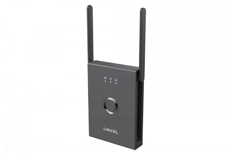 Фото-1 Базовая станция IP Fanvil W710D (Linkvil), вид под углом: серый прямоугольный корпус с двумя чёрными антеннами, круглая кнопка с металлическим ободом и три светодиодных индикатора с пиктограммами, логотип LINKVIL; важно для страницы — показывает внешний вид и элементы индикации базовой станции.