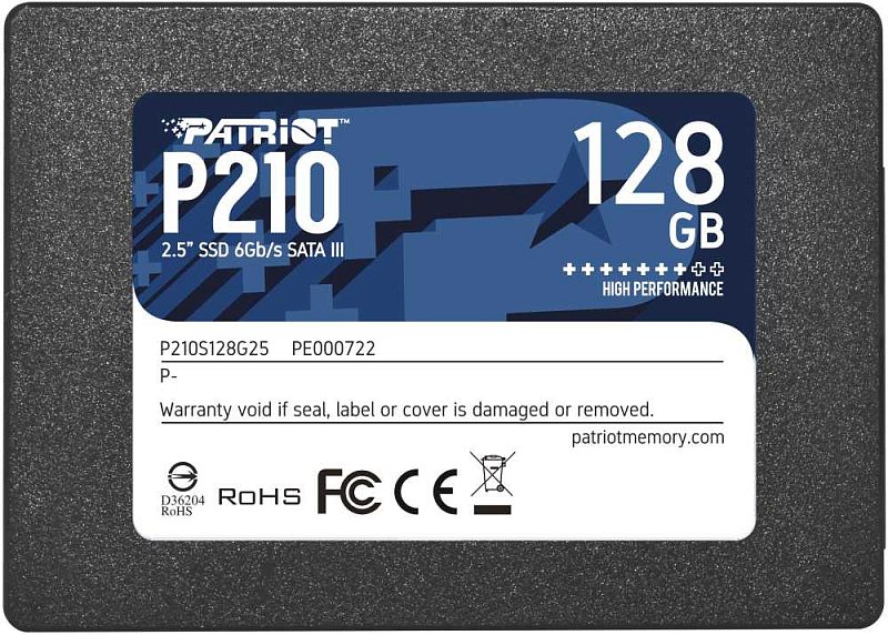 Фото-1 SSD Patriot P210 2.5 128GB, вид сверху на лицевую сторону корпуса. На фото чёрный корпус с зернистой текстурой и сине-белой наклейкой P210 128GB. Изображение важно для страницы товара, так как показывает внешний вид 2.5 SATA SSD.