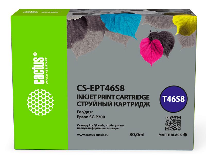 Фото-1 Струйный картридж Cactus CS-EPT46S8 T46S8, фронтальный вид коробки; коробка с зелёной боковой панелью, серой лицевой стороной с листовым рисунком, маркировкой T46S8 и объёмом 30 мл, цвет matte black; предметное фото упаковки для карточки чёрного картриджа Epson.