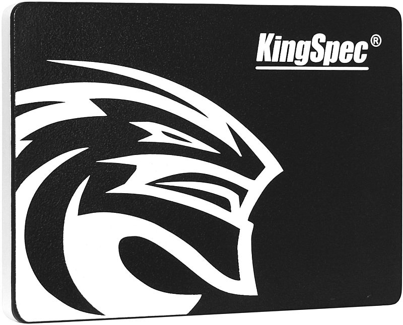 Фото-1 SSD KingSpec P4 480GB 2.5, вид спереди крупным планом. На фото лицевая панель чёрного цвета с матовой текстурой, крупным белым графическим элементом и логотипом KingSpec в правом верхнем углу. Студийное изображение для карточки товара, помогает быстро распознать внешний вид и фирменное оформление модели.