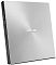 Фото-4 Внешний оптический привод ASUS SDRW-08U9M-U (DVD-RW), серебристый: вид сбоку в вертикальном положении; на боковой грани пиктограммы стандартов дисков, линия лотка, отверстие аварийного извлечения; на белом фоне — помогает понять расположение лотка и маркировок.