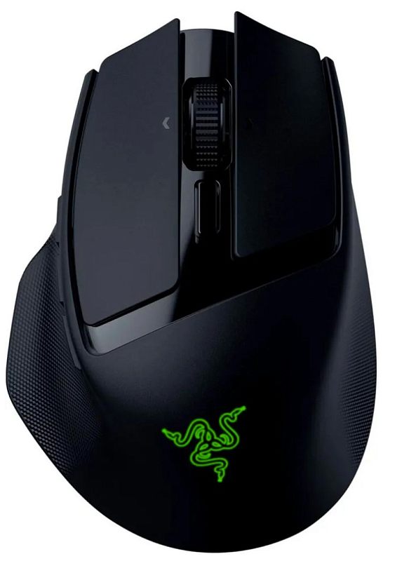 Фото-1 Беспроводная мышь Razer Basilisk Mobile, вид строго сверху; на фото видны колесо прокрутки, кнопка за колесом и светящийся логотип Razer, чёрный корпус с фактурными боковыми зонами; изображение показывает основной внешний вид устройства для страницы товара.