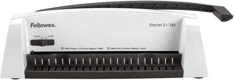 Фото-1 Переплётчик Fellowes Starlet 2+, фронтальный вид: белый корпус, чёрный рычаг сверху и ряд металлических штифтов, слева переключатель Cover/Letter; важно для понимания органов управления.