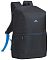 Фото-8 Рюкзак для ноутбука RIVACASE 8067, вид спереди под углом: чёрный корпус с логотипом и молнией переднего кармана с синей окантовкой, боковая сетка; показывает форму и расположение карманов.