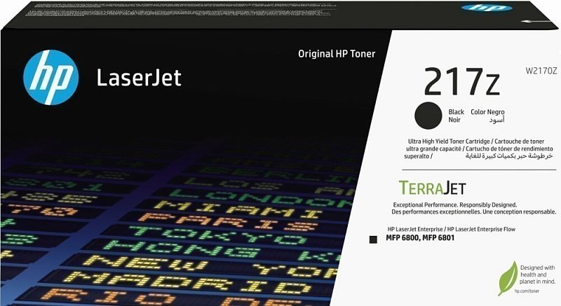 Фото-1 Тонер-картридж HP 217Z W2170Z Black, фронтальный вид упаковки; коробка LaserJet с чёрной цветовой меткой, крупной маркировкой 217Z, надписью TerraJet и графическим фоном слева. Изображение важно для проверки модели и серии тонера в карточке товара.
