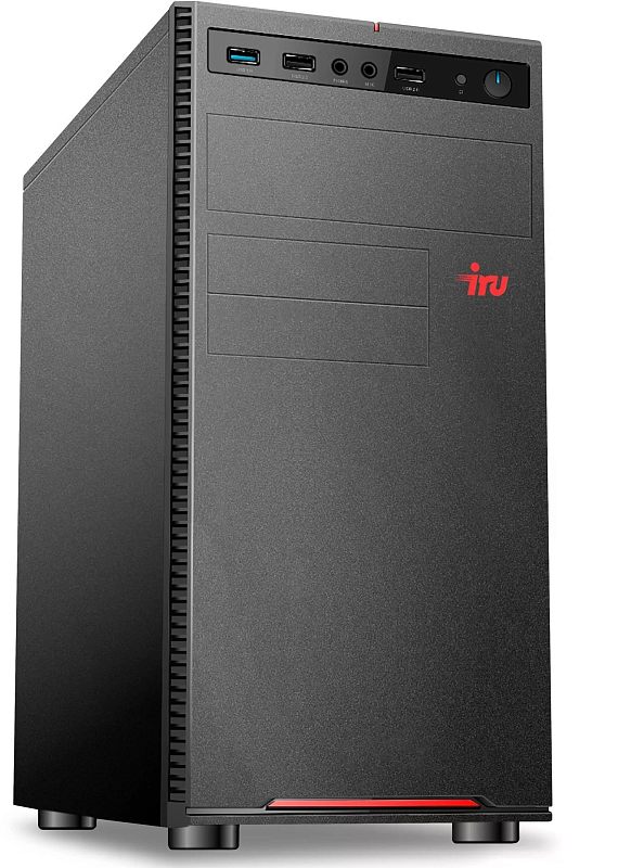 Фото-1 Настольный компьютер iRU Planio 310H6SEV Mini Tower, вид спереди слева под углом; на фото чёрный корпус mini tower с гладкой передней панелью, верхним блоком фронтальных портов, красным логотипом iRU и нижней красной световой вставкой, что важно для страницы товара с обзором внешнего вида корпуса.