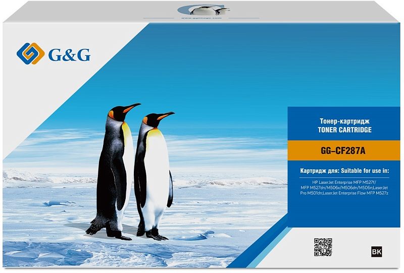 Фото-1 Тонер-картридж G&G GG-CF287A, фронтальный вид упаковки: бело-синяя коробка с маркировкой модели, логотипом бренда, списком совместимых принтеров и QR-кодом; на фото коробка на светлом фоне, что помогает идентифицировать модель и совместимость на странице товара.