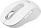 Фото-3 Беспроводная мышь Logitech M650, ракурс сверху справа; белый корпус с текстурированными боковинами, двумя боковыми кнопками и зелёным индикатором на верхней вставке; изображение на светлом фоне, важно для страницы как показывает зону большого пальца и дополнительные кнопки.