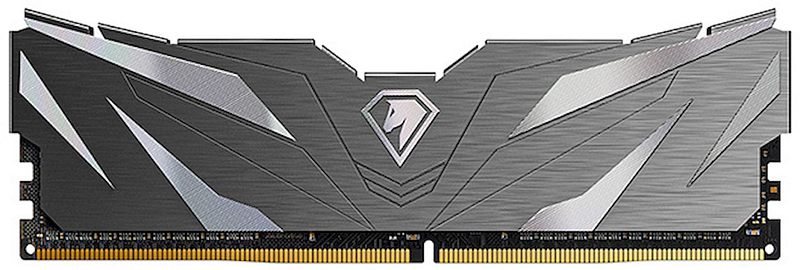 Фото-1 Модуль памяти Netac Shadow II Black NTSWD4P32SP-16K, вид спереди; чёрно-серый DIMM DDR4 с рельефным радиатором, светлыми диагональными вставками и центральной эмблемой; графитовый и чёрный цвета, предметное фото для карточки товара памяти.
