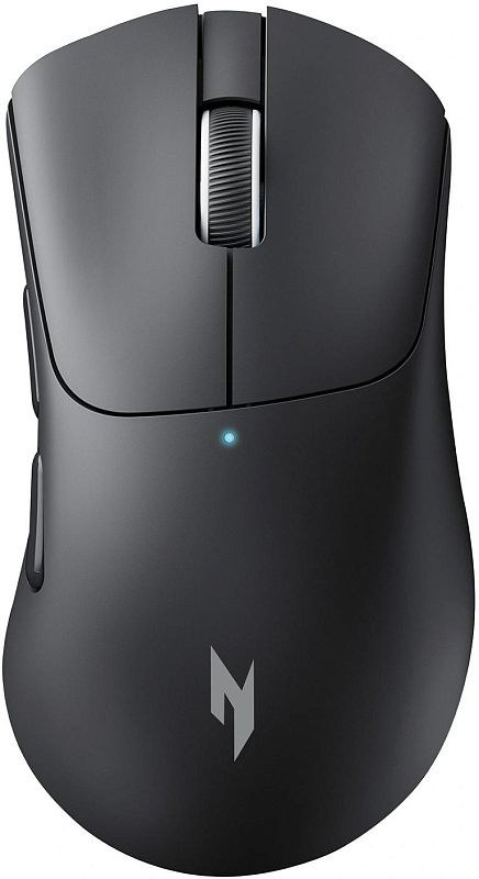 Фото-1 Мышь Acer OMR505 беспроводная, вид сверху: чёрный корпус с матовой поверхностью, колесо прокрутки по центру, световой индикатор под кнопками и две боковые кнопки слева, на светлом фоне для страницы товара и показа формы мыши.