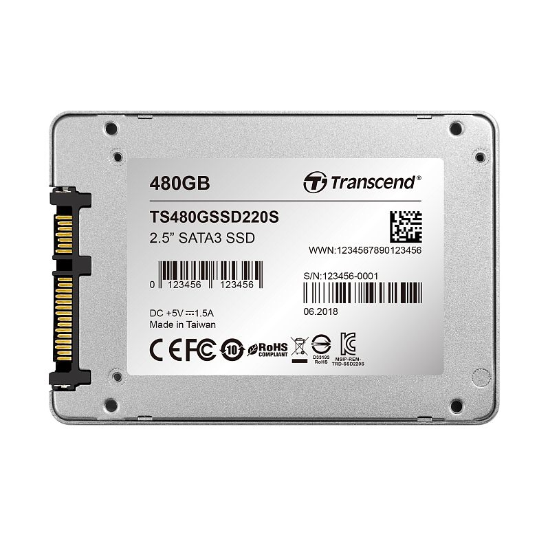 Фото-1 SSD Transcend SSD220S TS480GSSD220S 480GB, вид с обратной стороны. На фото задняя наклейка с маркировкой 480GB, обозначением 2.5 SATA3 SSD, серийной зоной и левым блоком SATA-разъёмов, корпус серебристый. Изображение помогает проверить маркировку и интерфейс накопителя.