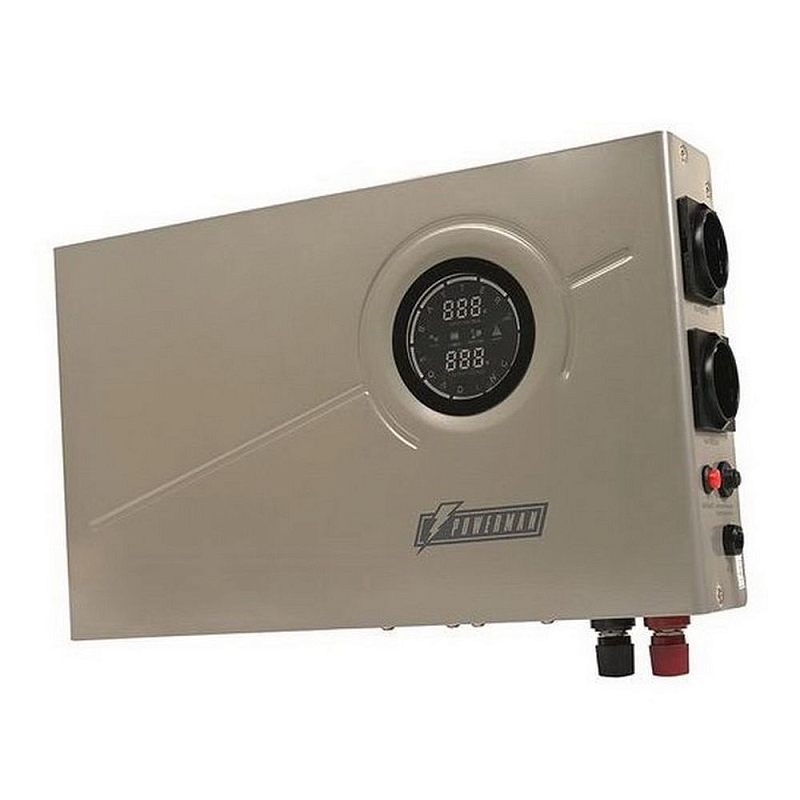 Фото-1 ИБП Powerman Smart INV 500 VA, вид спереди справа: бежевый настенный корпус с круглым цифровым индикатором на лицевой панели, боковыми розетками и клеммами снизу; изображение показывает форм-фактор wallmount для страницы товара ИБП.