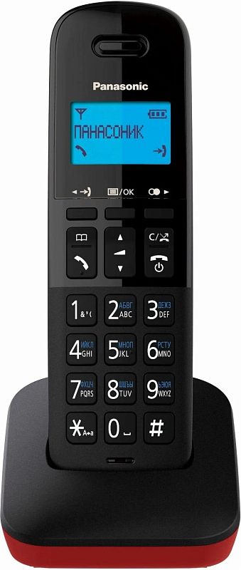 Фото-1 Радиотелефон DECT Panasonic KX-TGB610RUR, вид спереди: трубка на зарядной базе, синий подсвеченный экран и клавиатура, чёрный корпус с красной базой; на белом фоне; важно для визуального подтверждения цвета и компоновки.
