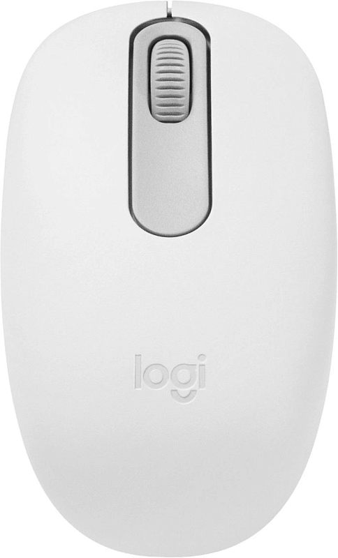 Фото-1 Беспроводная мышь Logitech M196, вид сверху; видны белый корпус, светло-серое колесо прокрутки и тиснёный логотип logi без дополнительных кнопок, фото на светлом фоне для страницы товара, чтобы показать минималистичную верхнюю панель и цвет корпуса.