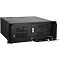 Фото-3 Корпус ExeGate 4U4020S Rack, вид спереди с открытой дверцей, видны фронтальные отсеки и панель с индикаторами/кнопками, откидной лоток на замке, чёрный, для демонстрации доступа к фронтальным отсекам и сервисным элементам корпуса.
