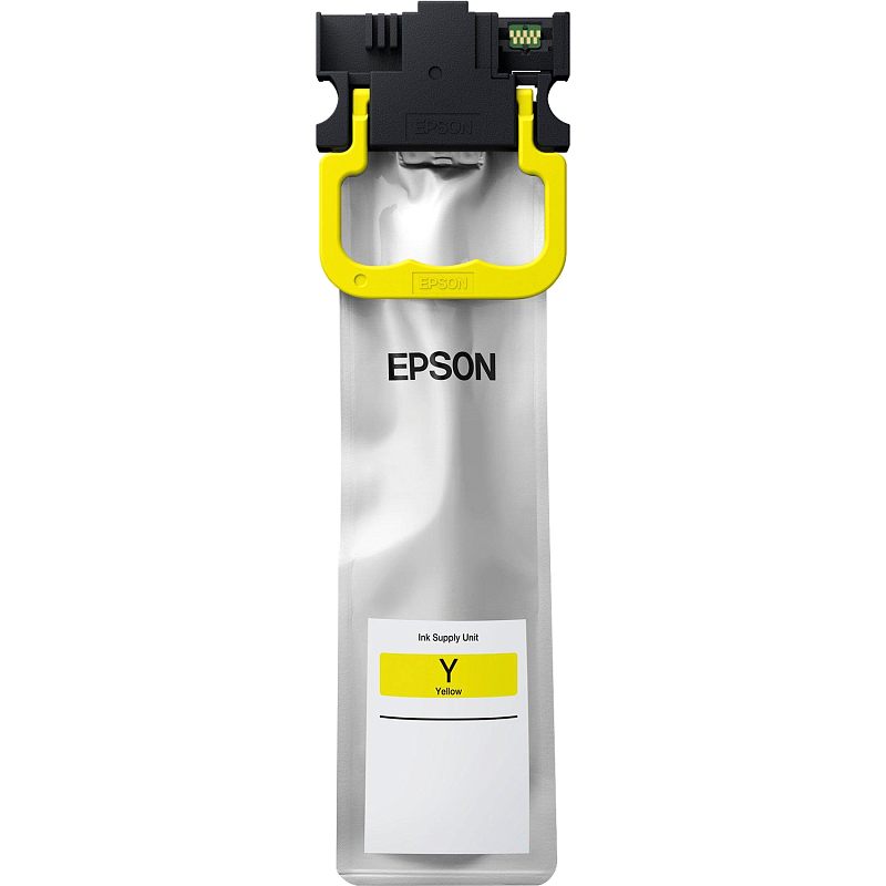 Фото-1 Струйный картридж Epson T01C4, фронтальный вид пакета чернил; серебристый мягкий пакет с чёрным верхним держателем, жёлтой рамкой, контактной площадкой и наклейкой Y Yellow в нижней части; жёлтый, фото для страницы товара показывает формат ink supply unit и элементы установки.