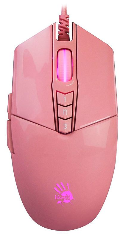 Фото-1 Проводная мышь A4Tech Bloody P91S Pink Activated, вид сверху в розовом цвете; на фото видны колесо с розовой подсветкой, три кнопки режимов под колесом и логотип Bloody на корпусе. Подходит для страницы товара, потому что показывает верхнюю панель управления и цвет исполнения.