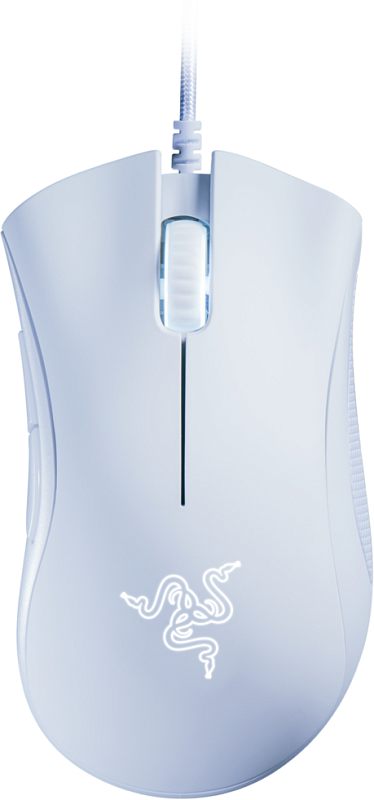 Фото-1 Проводная мышь Razer DeathAdder Essential, вид сверху. На фото белый асимметричный корпус, колесо прокрутки, разделённые основные кнопки и логотип Razer у основания; изображение показывает верхнюю форму модели для страницы товара.