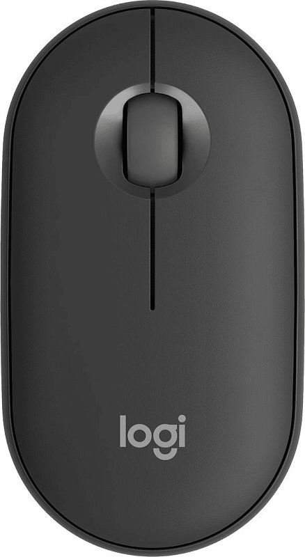 Фото-1 Беспроводная мышь Logitech Pebble Mouse 2 M350s, вид сверху; показаны минималистичная овальная форма, две верхние кнопки, центральное колесо и логотип logi, цвет тёмно-серый; изображение важно для страницы товара как основной обзор верхней панели.
